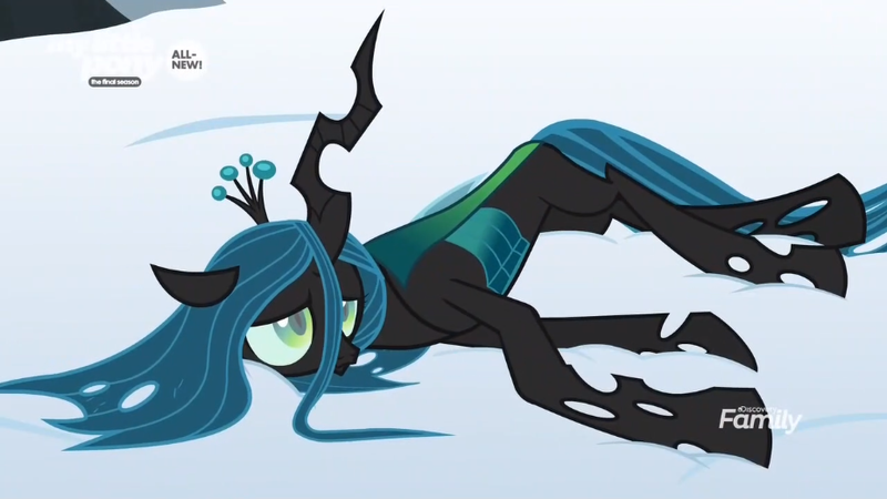 Size: 926x521 | Tagged: changeling, changeling queen, cute, cutealis, derpibooru import, drained, female, frenemies (episode), prone, queen chrysalis, sad, sadorable, safe, screencap, snow, vulnerable