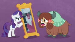 Size: 1920x1080 | Tagged: safe, derpibooru import, edit, edited screencap, screencap, lord tirek, rarity, yona, pony, unicorn, yak, frenemies (episode), she's all yak, better way to be bad, bow, cloven hooves, duo, female, fit right in, hair bow, mare, meme, mirror, purple background, simple background