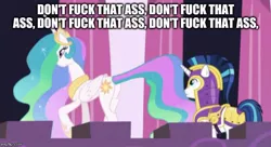 Size: 677x369 | Tagged: armor, butt, caption, cropped, derpibooru import, don't stare series, edit, edited screencap, eyes on the prize, image macro, implied infidelity, implied sex, meme, plot, princess celestia, screencap, shining armor, sparkle's seven, stupid sexy celestia, suggestive, text, vulgar