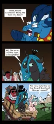 Size: 1535x3507 | Tagged: safe, artist:bobthedalek, derpibooru import, cozy glow, grogar, lord tirek, queen chrysalis, centaur, changeling, changeling queen, pegasus, pony, frenemies (episode), brown background, comic, disney's animal kingdom, disneyland, female, filly, foal, hat, legion of doom, male, mickey hat, nose piercing, nose ring, piercing, roller coaster, simple background, speech bubble, sweat, sweatdrop, walt disney world