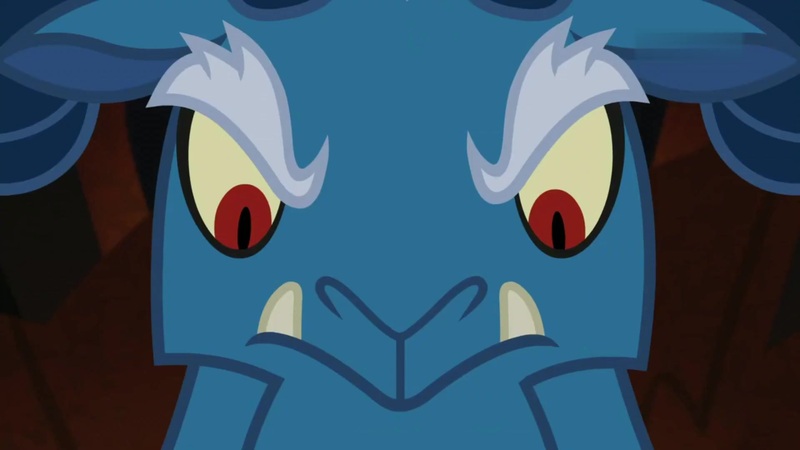 Size: 1920x1080 | Tagged: close-up, derpibooru import, evil, evil lair, face, frenemies (episode), glare, grogar, grogar's lair, horns, lair, male, ram, red pupils, safe, screencap, sharp teeth, sheep, solo, stare, teeth