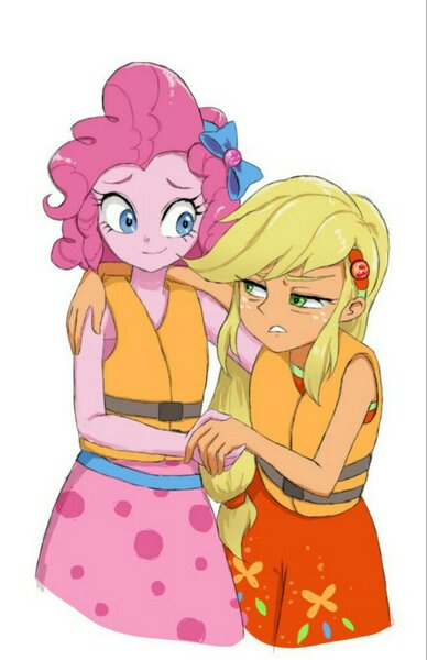 Size: 673x1042 | Tagged: safe, artist:puri__kyua, derpibooru import, applejack, pinkie pie, equestria girls, equestria girls series, spring breakdown, spoiler:eqg series (season 2), applepie, cute, female, geode of sugar bombs, geode of super strength, lesbian, lifejacket, magical geodes, shipping