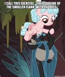 Size: 600x709 | Tagged: safe, derpibooru import, edit, edited screencap, screencap, cozy glow, queen chrysalis, changeling, changeling queen, pegasus, pony, frenemies (episode), blindfold, caption, cropped, duo, female, filly, foal, image macro, imminent spanking, text, the simpsons