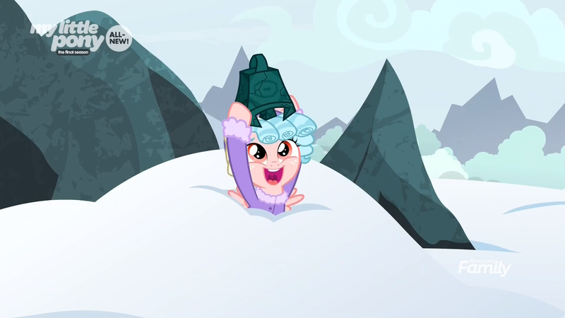 Size: 1919x1079 | Tagged: safe, derpibooru import, screencap, cozy glow, pegasus, pony, frenemies (episode), bell, clothes, cozybetes, cute, female, filly, foal, grogar's bell, happy, hat, snow, snowdrift, winter outfit