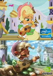 Size: 546x777 | Tagged: safe, artist:assasinmonkey, derpibooru import, edit, edited screencap, screencap, applejack, pony, sparkle's seven, apple chord, canterlot, comparison, funny, graphics, guitar, intel, meme, musical instrument, nvidia, solo focus