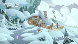 Size: 1600x900 | Tagged: safe, derpibooru import, screencap, cozy glow, pegasus, pony, frenemies (episode), cabin, clothes, female, filly, foal, hat, house, mount everhoof, mountain, scenery, snow, tree, winter outfit