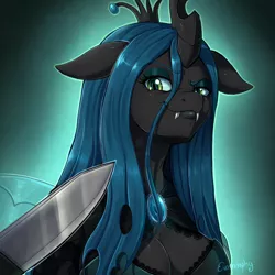 Size: 1500x1500 | Tagged: safe, alternate version, artist:evomanaphy, derpibooru import, queen chrysalis, anthro, changeling, changeling queen, frenemies (episode), blade, breasts, busty queen chrysalis, cleavage, clothes, fangs, female, floppy ears, knife, knife cat, lidded eyes, looking at you, meme, ponified animal photo, reversalis, smug, solo, threat