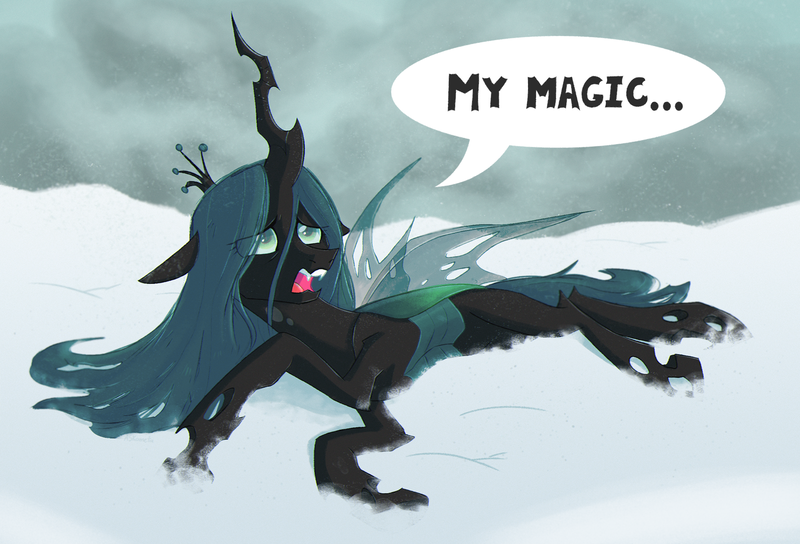 Size: 2000x1361 | Tagged: artist:askometa, changeling, changeling queen, derpibooru import, drained, female, frenemies (episode), prone, queen chrysalis, safe, scene interpretation, snow, solo, speech bubble, vulnerable