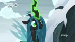 Size: 1366x768 | Tagged: changeling, changeling queen, derpibooru import, discovery family logo, female, former queen chrysalis, frenemies (episode), glowing horn, horn, mountain, queen chrysalis, safe, screencap, snow, solo