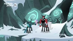 Size: 1366x768 | Tagged: safe, derpibooru import, screencap, cozy glow, lord tirek, queen chrysalis, centaur, changeling, changeling queen, pegasus, pony, frenemies (episode), bell, clothes, cloven hooves, discovery family logo, female, filly, foal, grogar's bell, hat, male, mountain, my little pony logo, snow, trio, winter outfit