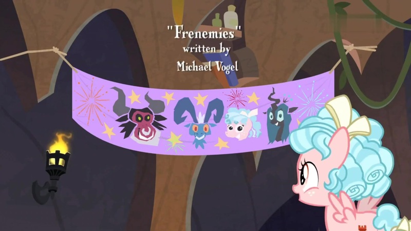 Size: 1920x1080 | Tagged: safe, derpibooru import, screencap, cozy glow, grogar, lord tirek, queen chrysalis, centaur, changeling, changeling queen, pegasus, pony, frenemies (episode), banner, female, filly, flying, foal, mike vogel, solo