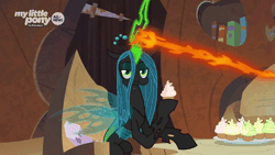 Size: 1280x720 | Tagged: absurd file size, absurd gif size, animated, changeling, changeling queen, clone, cupcake, dead, derpibooru import, eating, female, food, frenemies (episode), gif, glowing horn, horn, implied lord tirek, log, magic drain, magic theft, mean twilight sparkle, offscreen character, puffy cheeks, queen chrysalis, safe, screencap, solo, that centaur sure does love magic, twilog, unamused, wood