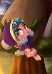 Size: 4250x6000 | Tagged: safe, artist:darksly, derpibooru import, cozy glow, pegasus, pony, frenemies (episode), absurd resolution, clothes, cozybetes, cute, female, filly, foal, freckles, hat, open mouth, scene interpretation, sitting, solo, tree stump, underhoof, winter outfit