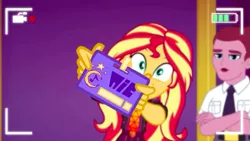 Size: 919x517 | Tagged: safe, derpibooru import, sunset shimmer, equestria girls, equestria girls series, how to backstage, spoiler:eqg series (season 2), security guard