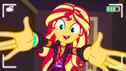 Size: 919x517 | Tagged: safe, derpibooru import, sunset shimmer, equestria girls, equestria girls series, how to backstage, spoiler:eqg series (season 2), arms wide open, outstretched arms