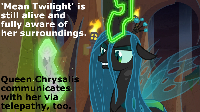 Size: 1280x720 | Tagged: changeling, changeling queen, dead, derpibooru import, edit, edited screencap, female, frenemies (episode), glowing horn, headcanon, horn, lair, levitation, log, magic, magic aura, mean twilight sparkle, queen chrysalis, ruins, safe, screencap, solo, telekinesis, text, torch, twilog