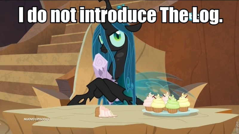 Size: 960x540 | Tagged: caption, cartoonito logo, changeling, changeling queen, cupcake, dead, derpibooru import, edit, edited screencap, female, food, frenemies (episode), hoof hold, image macro, log, log lady, mean twilight sparkle, queen chrysalis, safe, screencap, solo, text, twilog, twin peaks