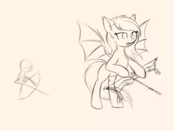 Size: 1024x768 | Tagged: safe, artist:krash42, derpibooru import, oc, unofficial characters only, bat pony, pony, arrow, bat pony oc, bat wings, bipedal, bow (weapon), bow and arrow, ear fluff, fangs, female, mare, monochrome, newbie artist training grounds, open mouth, simple background, solo, spread wings, weapon, wings