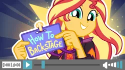 Size: 1920x1080 | Tagged: safe, derpibooru import, screencap, sunset shimmer, equestria girls, equestria girls series, how to backstage, spoiler:eqg series (season 2), cute, shimmerbetes, smiling, solo, title card