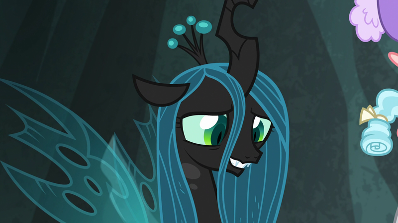 Size: 1920x1080 | Tagged: changeling, changeling queen, cozy glow, derpibooru import, fangs, female, frenemies (episode), looking down, queen chrysalis, safe, screencap, smiling, solo focus