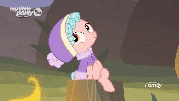 Size: 600x338 | Tagged: safe, derpibooru import, screencap, cozy glow, pegasus, pony, frenemies (episode), animated, clothes, cozybetes, cute, discovery family logo, female, filly, fire, foal, freckles, gif, hat, hnnng, leg wiggle, looking up, perfect loop, sitting, solo, talking, tree stump, winter outfit