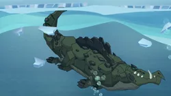 Size: 1920x1080 | Tagged: cragadile, crocodile, derpibooru import, disguise, disguised changeling, frenemies (episode), ice, queen chrysalis, safe, screencap, solo, swimming, underwater