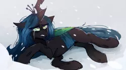 Size: 2000x1119 | Tagged: artist:dino_horse, changeling, changeling queen, crown, crying, derpibooru import, drained, female, frenemies (episode), jewelry, magic drain, queen chrysalis, redraw, regalia, sad, safe, scene interpretation, snow