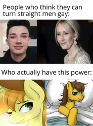 Size: 900x1223 | Tagged: safe, artist:johnjoseco, derpibooru import, editor:apex soundwave, braeburn, caramel, earth pony, pony, ask gaming princess luna, caption, celebrity, everypony's gay for braeburn, gay, image macro, irl, james charles, jk rowling, looking at you, male, meme, not shipping, photo, text