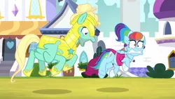 Size: 1702x957 | Tagged: safe, derpibooru import, screencap, rainbow dash, zephyr breeze, pony, sparkle's seven, alternate hairstyle, clothes, confused, dress, excited, eyes on the prize, funny face, megaradash, no underwear, out of context, rainbow dash always dresses in style, rainbow dash is best facemaker, royal guard, royal guard zephyr breeze