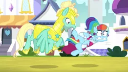 Size: 1702x957 | Tagged: safe, derpibooru import, screencap, rainbow dash, zephyr breeze, pony, sparkle's seven, alternate hairstyle, clothes, confused, dress, excited, eyes on the prize, featureless crotch, funny face, megaradash, no underwear, out of context, rainbow dash always dresses in style, rainbow dash is best facemaker, royal guard, royal guard zephyr breeze