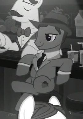 Size: 269x383 | Tagged: safe, derpibooru import, screencap, unnamed character, unnamed pony, pony, sparkle's seven, background pony, bartender, clothes, cropped, cute, grayscale, handsome, hat, leaning, leaning back, monochrome, noir, relaxed, short tail, sitting, sitting pretty, tuxedo