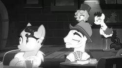 Size: 1702x957 | Tagged: safe, derpibooru import, screencap, betty hoof, cleopatra jazz, marelene dietrot, pony, sparkle's seven, background pony, bar, card, clothes, dress, female, grayscale, hat, hoof hold, looking at someone, male, mare, monochrome, noir, playing card, stallion, surprised