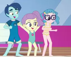 Size: 444x355 | Tagged: safe, derpibooru import, screencap, henry handle, lily pad (equestria girls), manestrum, technicolor waves, equestria girls, equestria girls series, i'm on a yacht, spoiler:eqg series (season 2), barefoot, bikini, children, clothes, cropped, cute, feet, female, glasses, legs, male, midriff, one-piece swimsuit, smiling, swimsuit, trio