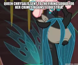 Size: 600x498 | Tagged: blindfold, caption, changeling, changeling queen, cropped, derpibooru import, duo, edit, edited screencap, female, firing squad, frenemies (episode), image macro, implied execution, queen chrysalis, safe, screencap, text, this will end in death