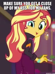 Size: 600x813 | Tagged: safe, derpibooru import, edit, edited screencap, screencap, sunset shimmer, equestria girls, equestria girls series, how to backstage, spoiler:eqg series (season 2), ass, bunset shimmer, butt, caption, cropped, image macro, looking at you, looking back, looking back at you, text, vulgar