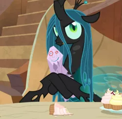 Size: 855x832 | Tagged: changeling, changeling queen, cropped, crossed hooves, cupcake, dead, derpibooru import, ed edd n eddy, edit, edited screencap, female, food, frenemies (episode), hoof hold, log, mean twilight sparkle, plank, queen chrysalis, safe, screencap, solo, twilog