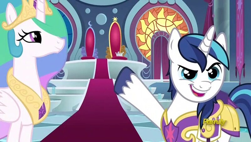 Size: 1908x1080 | Tagged: safe, derpibooru import, screencap, princess celestia, shining armor, alicorn, pony, unicorn, sparkle's seven, crown, cute, discovery family logo, duo, hard-won helm of the sibling supreme, jewelry, regalia, shining adorable, throne