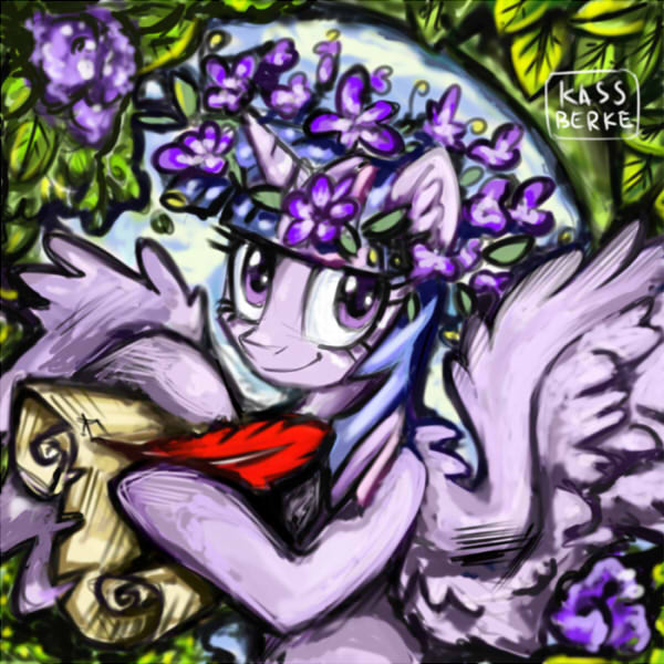 Size: 600x600 | Tagged: safe, artist:kassberke, derpibooru import, twilight sparkle, twilight sparkle (alicorn), alicorn, pony, floral head wreath, flower, letter, quill, solo, violet (flower)