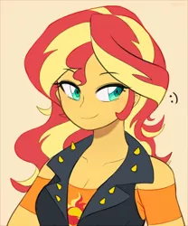 Size: 914x1097 | Tagged: safe, artist:maren, derpibooru import, sunset shimmer, human, equestria girls, equestria girls series, :), breasts, bust, cleavage, clothes, cute, cutie mark, cutie mark on clothes, female, shimmerbetes, simple background, smiley face, smiling, solo, yellow background