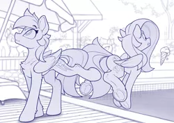 Size: 2360x1670 | Tagged: safe, artist:yakovlev-vad, derpibooru import, fluttershy, rainbow dash, pegasus, pony, butt, clenched teeth, female, food, frog (hoof), ice cream, ice cream cone, innocent, looking up, mare, monochrome, oops, plot, prank, pure unfiltered evil, pushing, rainbow douche, raised leg, sketch, swimming pool, this will end in tears, underhoof
