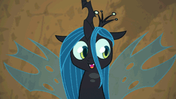 Size: 1280x720 | Tagged: safe, artist:eqamrd, derpibooru import, queen chrysalis, changeling, changeling queen, frenemies (episode), animated, cute, cute little fangs, cutealis, daaaaaaaaaaaw, eye shimmer, fangs, female, gif, happy, headbob, highlights, hnnng, horn, image, metronome, open mouth, party soft, perfect loop, smiling, solo, teeth, tongue out, weapons-grade cute, wings