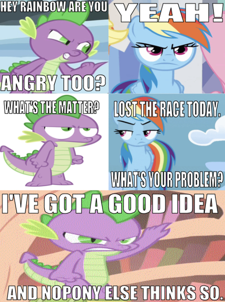 Size: 658x882 | Tagged: safe, derpibooru import, edit, edited screencap, editor:undeadponysoldier, screencap, applejack, fluttershy, rainbow dash, spike, dragon, earth pony, pegasus, pony, owl's well that ends well, angry, caption, cloudsdale, crystal empire, female, golden oaks library, image macro, male, mare, patty hype, reference, sponge, spongebob squarepants, text, wrong aspect ratio