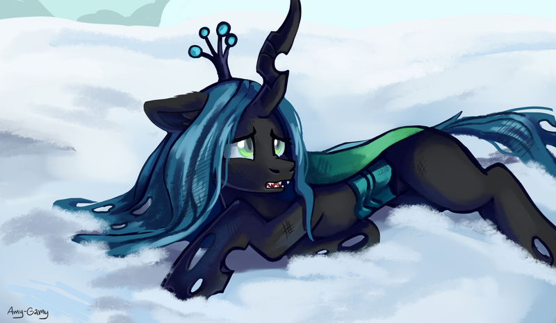 Size: 3000x1746 | Tagged: safe, artist:amy-gamy, derpibooru import, queen chrysalis, changeling, changeling queen, frenemies (episode), drained, female, open mouth, prone, scene interpretation, scuff mark, signature, snow, solo