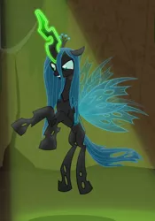 Size: 558x797 | Tagged: changeling, changeling queen, cropped, derpibooru import, female, flying, frenemies (episode), glowing horn, horn, queen chrysalis, safe, screencap, solo, spotlight