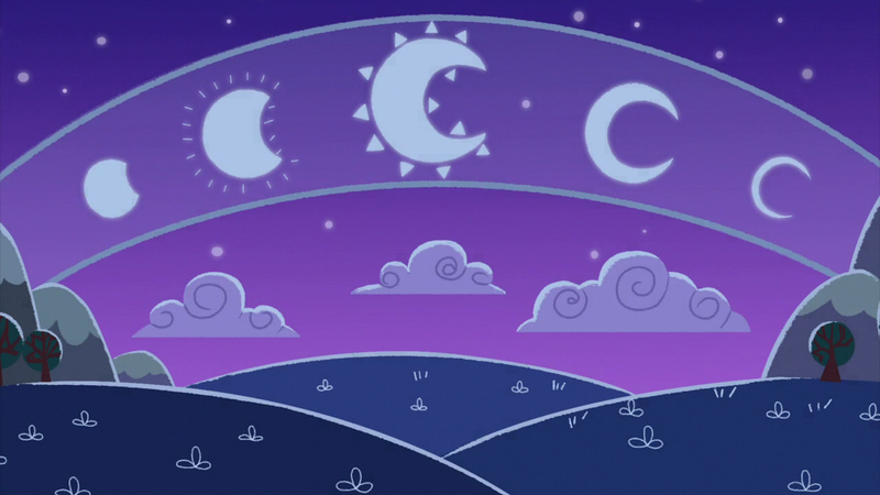 Size: 2100x1180 | Tagged: cloud, crescent moon, derpibooru import, frenemies (episode), hill, lunar phases, moon, mountain, night, no pony, safe, screencap, storybook, tree