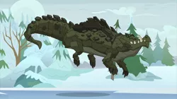 Size: 2100x1180 | Tagged: cragadile, crocodile, derpibooru import, disguise, disguised changeling, female, former queen chrysalis, frenemies (episode), ice, midair, queen chrysalis, safe, screencap, snow, solo