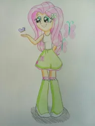 Size: 1224x1632 | Tagged: safe, artist:prinrue, derpibooru import, fluttershy, butterfly, equestria girls, boots, clothes, cute, cutie mark, cutie mark on clothes, female, fluttershy's cutie mark, shoes, skirt, socks, solo, tanktop, traditional art