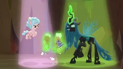 Size: 1920x1080 | Tagged: safe, derpibooru import, screencap, cozy glow, queen chrysalis, starlight glimmer, changeling, changeling queen, pegasus, pony, frenemies (episode), better way to be bad, doll, evil grin, female, filly, foal, glowing horn, grin, horn, implied murder, implied starlight glimmer, magic, plushie, smiling, spotlight, telekinesis, toy