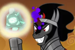 Size: 1500x1000 | Tagged: safe, derpibooru import, edit, edited screencap, screencap, king sombra, pony, unicorn, frenemies (episode), the beginning of the end, bell, colored horn, curved horn, evil grin, fangs, glowing horn, grin, grogar's bell, horn, magic, male, orange sky, smiling, solo, stallion, telekinesis