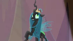 Size: 1920x1080 | Tagged: better way to be bad, changeling, changeling queen, crown, derpibooru import, female, frenemies (episode), jewelry, looking up, queen chrysalis, regalia, safe, screencap, smiling, solo, spotlight, when she smiles